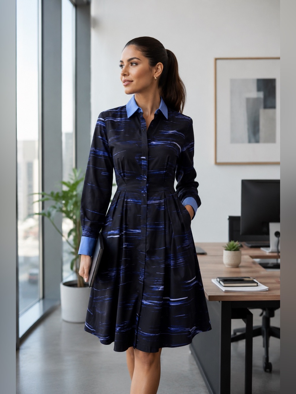 Banana Republic Black Dress with Blue Stripe Pattern and Blue Collar